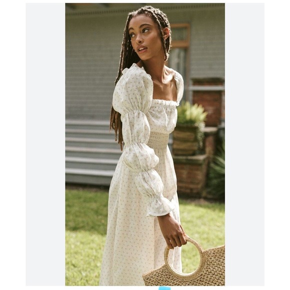 Sleeper Michelin Dress 100% Linen White & Pink Little Roses Off Shoulder NWT XL - Picture 2 of 16